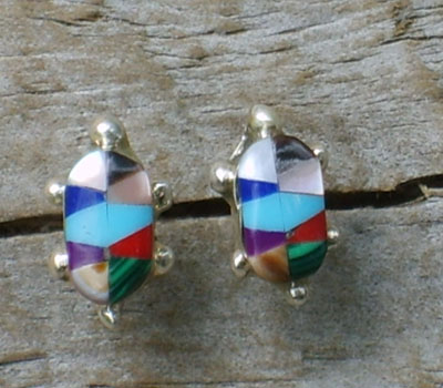 Native American Turtle Multi-Stone Inlay Earrings - Zuni